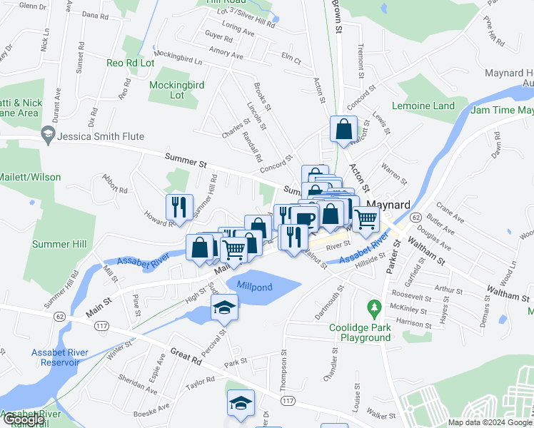 map of restaurants, bars, coffee shops, grocery stores, and more near 10 Lower Beacon Street in Maynard