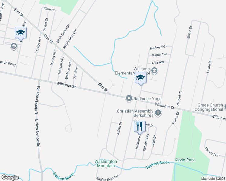 map of restaurants, bars, coffee shops, grocery stores, and more near 733 Williams Street in Pittsfield