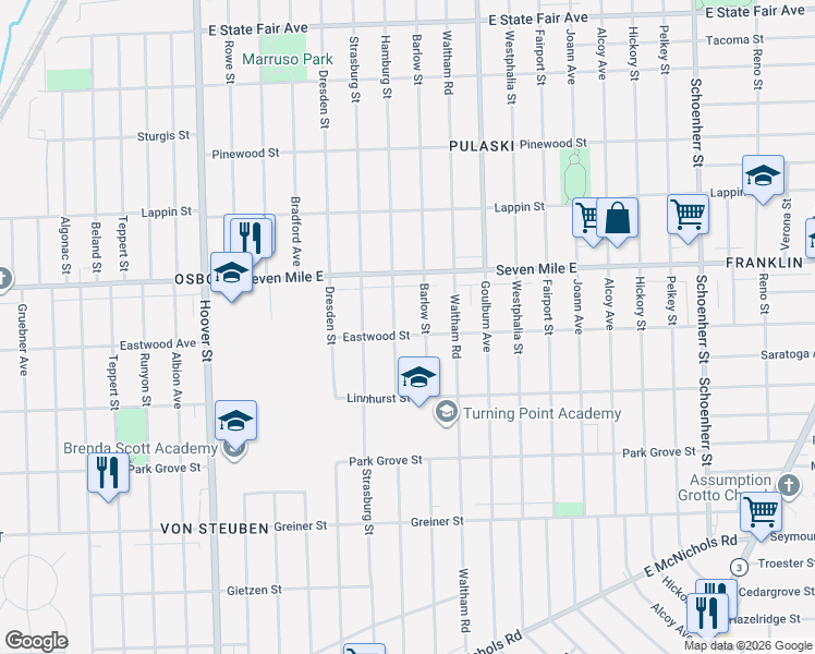 map of restaurants, bars, coffee shops, grocery stores, and more near 18941 Barlow Street in Detroit