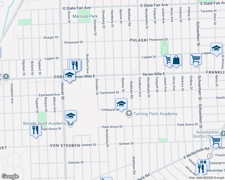 map of restaurants, bars, coffee shops, grocery stores, and more near 18946 Strasburg Street in Detroit