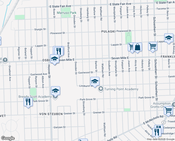 map of restaurants, bars, coffee shops, grocery stores, and more near 18946 Strasburg Street in Detroit
