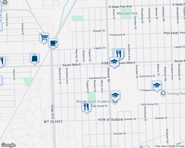 map of restaurants, bars, coffee shops, grocery stores, and more near 18960 Runyon Street in Detroit