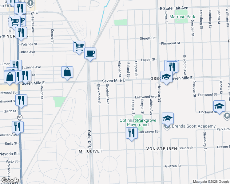 map of restaurants, bars, coffee shops, grocery stores, and more near 18970 Gruebner Avenue in Detroit