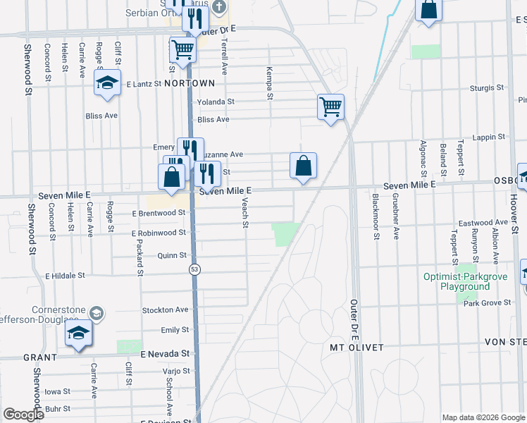 map of restaurants, bars, coffee shops, grocery stores, and more near 8219 East Brentwood Street in Detroit