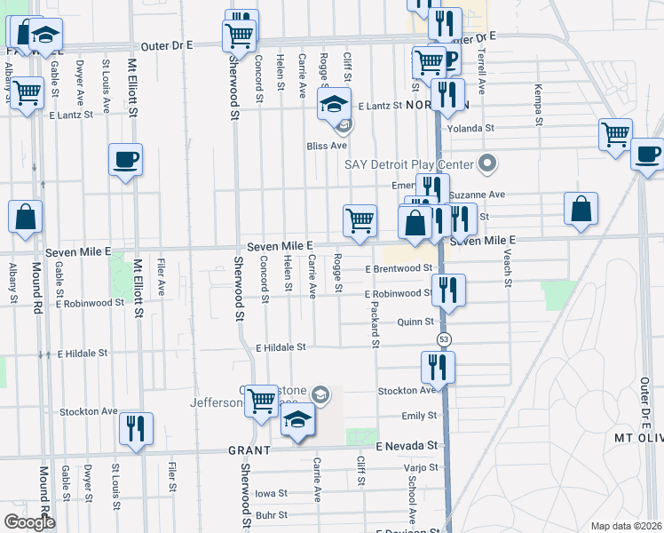 map of restaurants, bars, coffee shops, grocery stores, and more near 18883 Rogge Street in Detroit