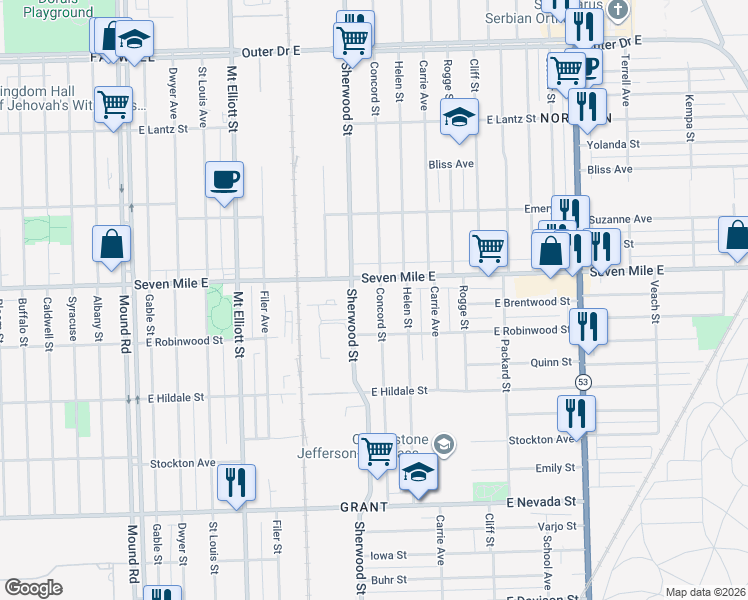 map of restaurants, bars, coffee shops, grocery stores, and more near 6812 Seven Mile East in Detroit