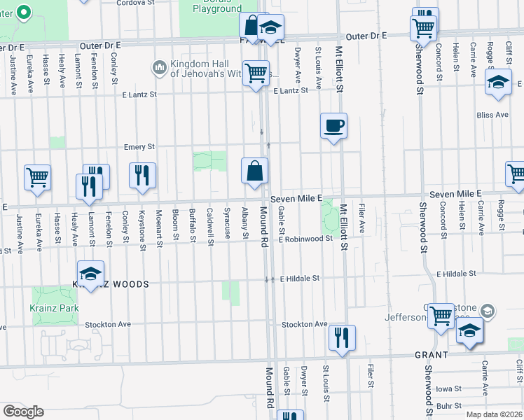 map of restaurants, bars, coffee shops, grocery stores, and more near 5810 Seven Mile East in Detroit