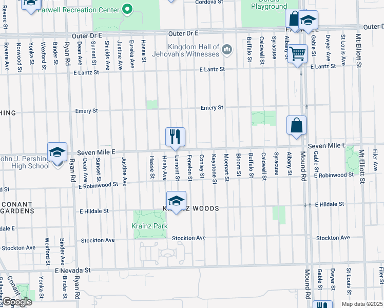 map of restaurants, bars, coffee shops, grocery stores, and more near 5017 Seven Mile East in Detroit