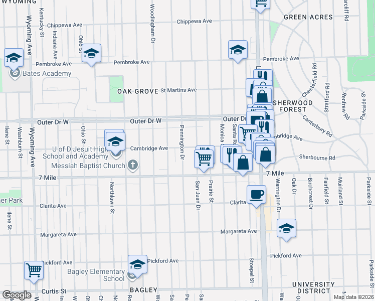 map of restaurants, bars, coffee shops, grocery stores, and more near 19310 Pennington Drive in Detroit