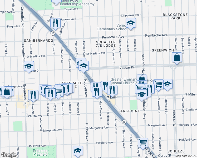 map of restaurants, bars, coffee shops, grocery stores, and more near 19348 Strathmoor Street in Detroit