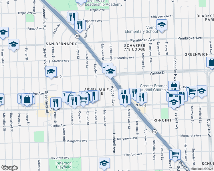 map of restaurants, bars, coffee shops, grocery stores, and more near 19347 Marlowe Street in Detroit