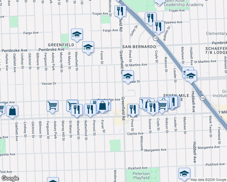 map of restaurants, bars, coffee shops, grocery stores, and more near 19358 Montrose Street in Detroit