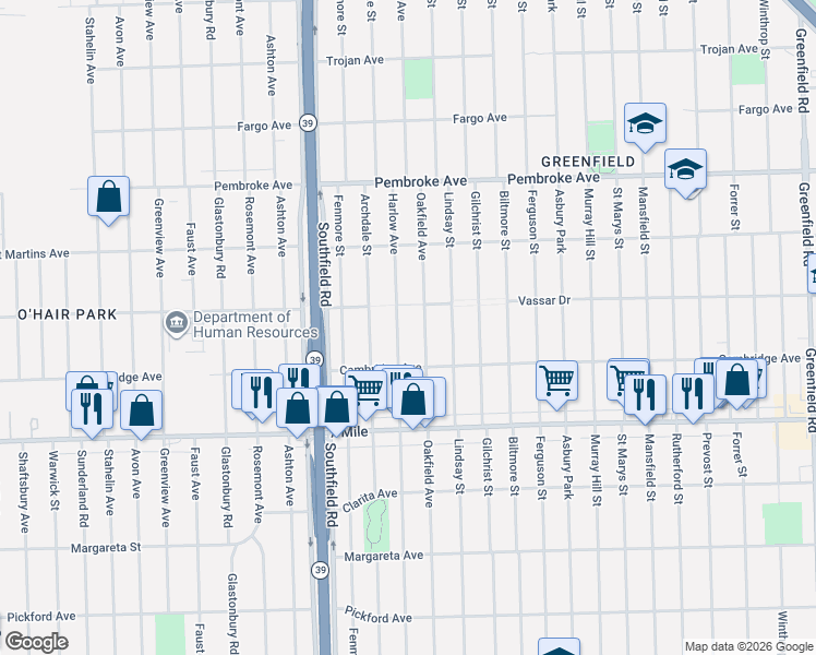 map of restaurants, bars, coffee shops, grocery stores, and more near 19373 Oakfield Avenue in Detroit