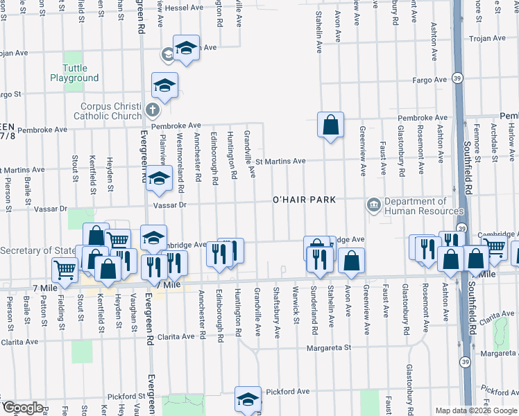 map of restaurants, bars, coffee shops, grocery stores, and more near 19400 Grandville Avenue in Detroit