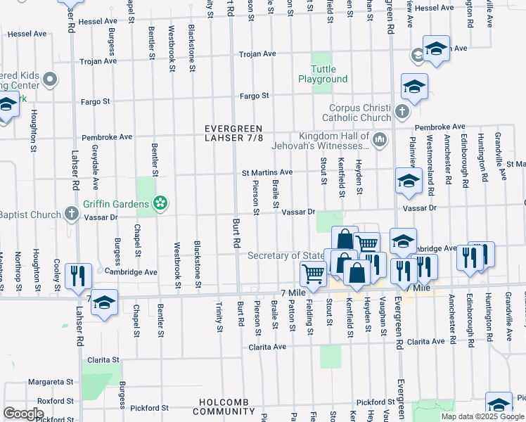 map of restaurants, bars, coffee shops, grocery stores, and more near 19436 Pierson Street in Detroit