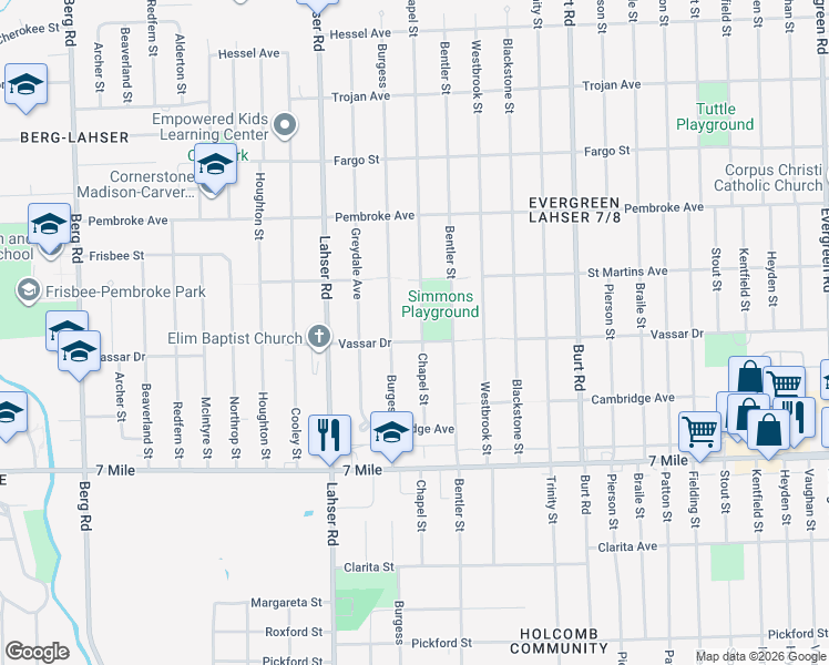 map of restaurants, bars, coffee shops, grocery stores, and more near 19450 Chapel Street in Detroit