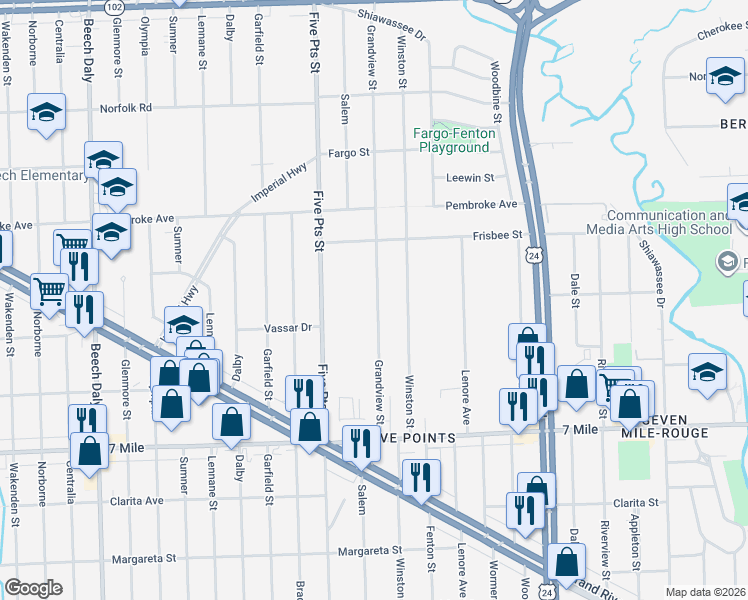 map of restaurants, bars, coffee shops, grocery stores, and more near 19434 Grandview Street in Detroit