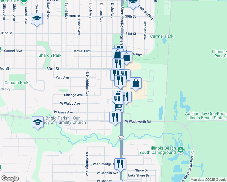 map of restaurants, bars, coffee shops, grocery stores, and more near 3301 Emmaus Avenue in Zion