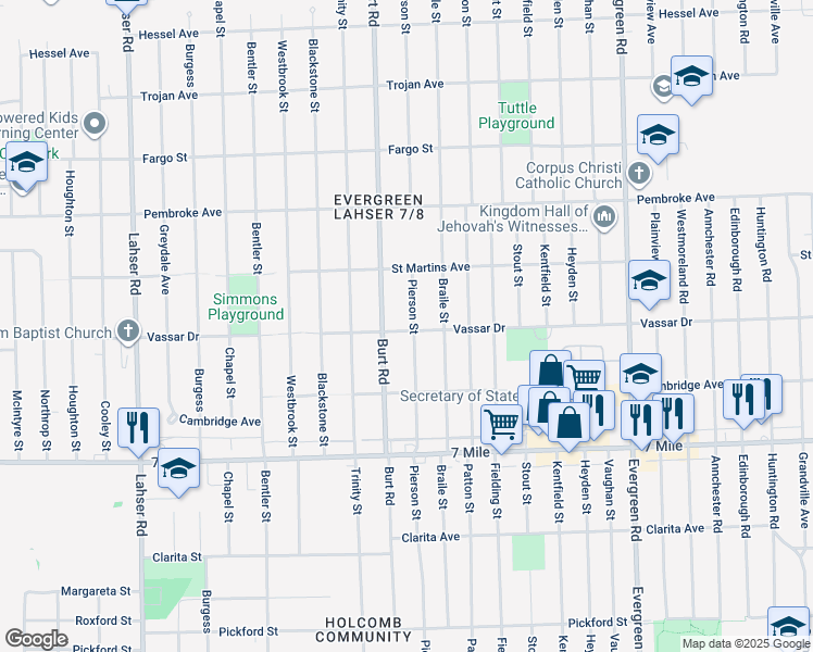 map of restaurants, bars, coffee shops, grocery stores, and more near 19405 Pierson Street in Detroit