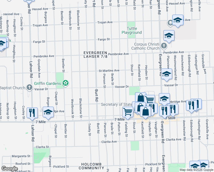 map of restaurants, bars, coffee shops, grocery stores, and more near 19436 Pierson Street in Detroit