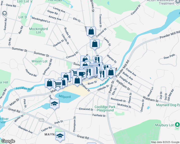 map of restaurants, bars, coffee shops, grocery stores, and more near Summer Street in Maynard