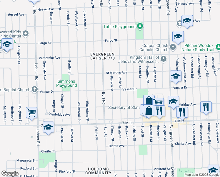 map of restaurants, bars, coffee shops, grocery stores, and more near 19405 Pierson Street in Detroit