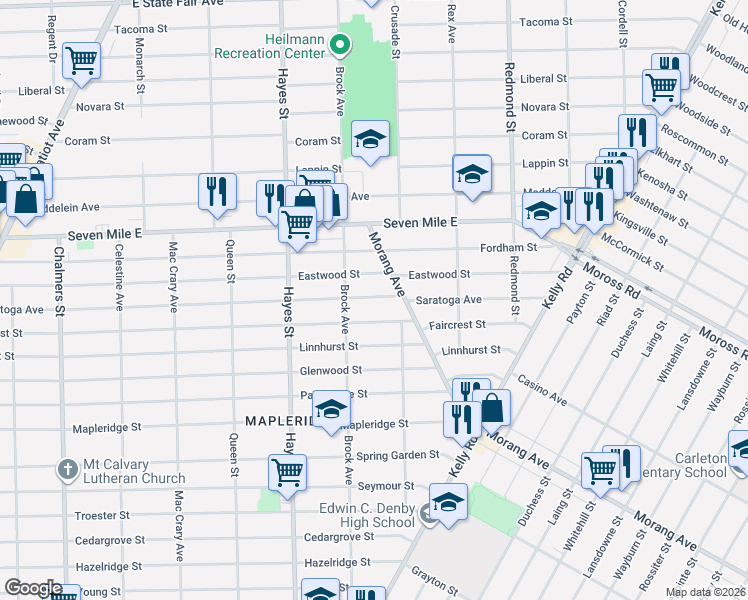 map of restaurants, bars, coffee shops, grocery stores, and more near 15451 Saratoga Avenue in Detroit