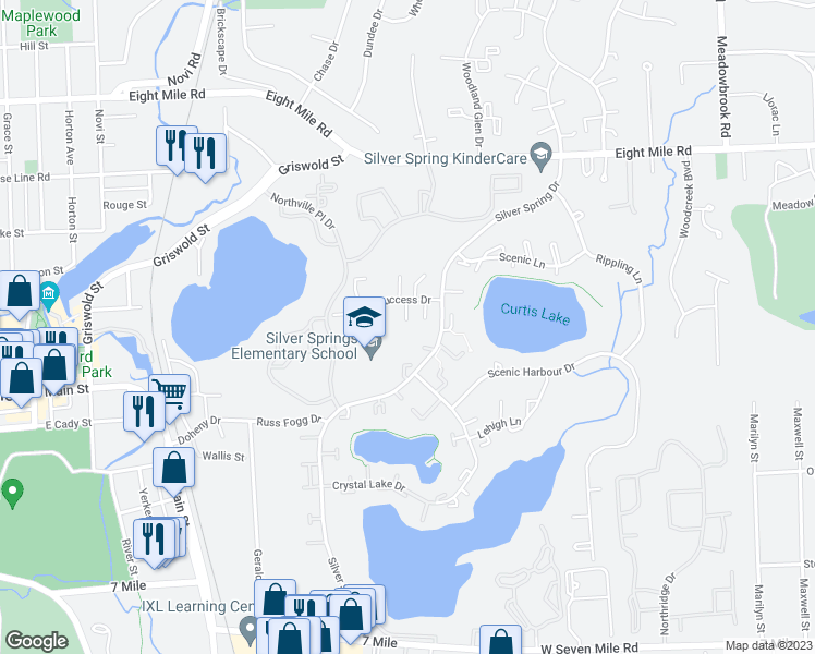 map of restaurants, bars, coffee shops, grocery stores, and more near 42641 Savoy Court in Northville