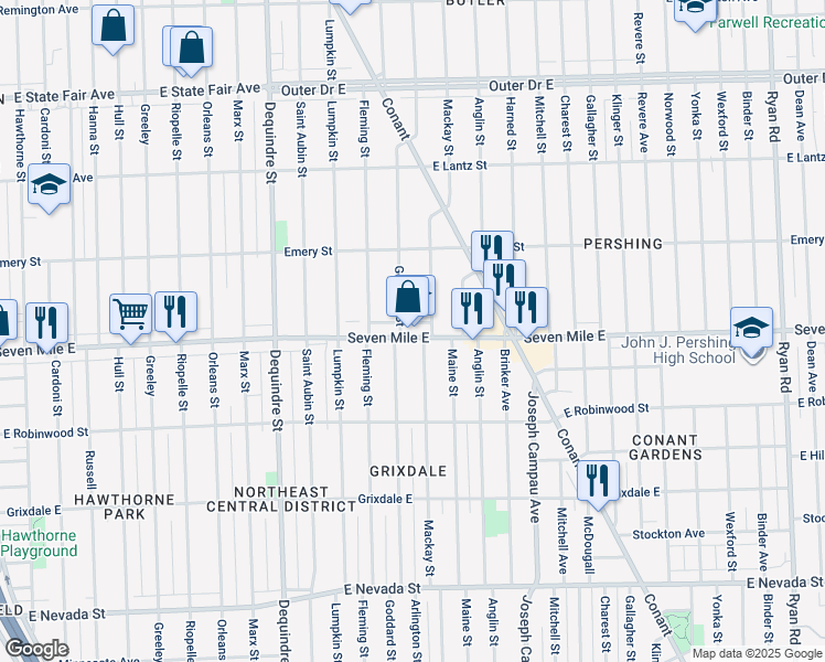 map of restaurants, bars, coffee shops, grocery stores, and more near 19144 Goddard Street in Detroit