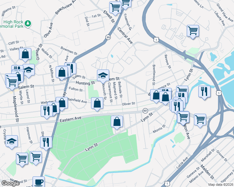 map of restaurants, bars, coffee shops, grocery stores, and more near 31 Maynard Street in Malden