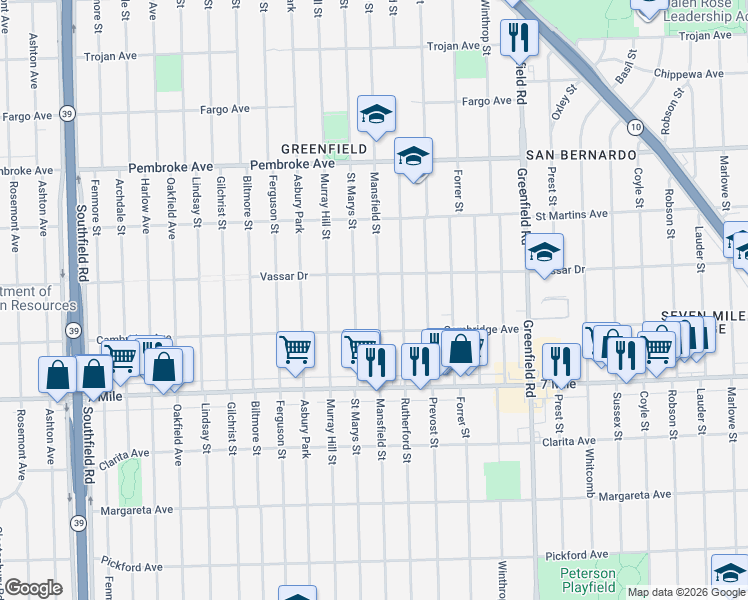 map of restaurants, bars, coffee shops, grocery stores, and more near 19363 Mansfield Street in Detroit