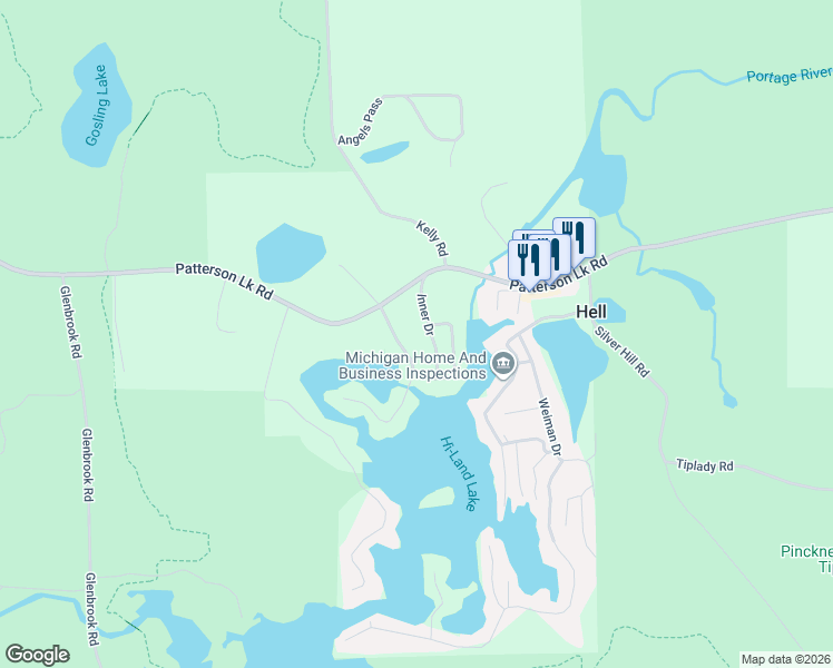 map of restaurants, bars, coffee shops, grocery stores, and more near 11301 Inner Drive in Pinckney