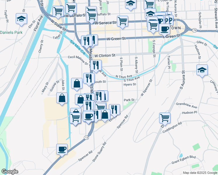 map of restaurants, bars, coffee shops, grocery stores, and more near 211 Fair Street in Ithaca