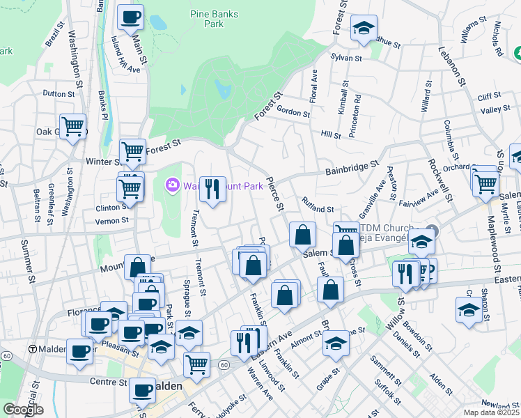map of restaurants, bars, coffee shops, grocery stores, and more near 86 Pierce Street in Malden