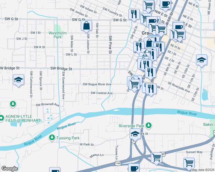 map of restaurants, bars, coffee shops, grocery stores, and more near 703 Southwest Rogue River Avenue in Grants Pass
