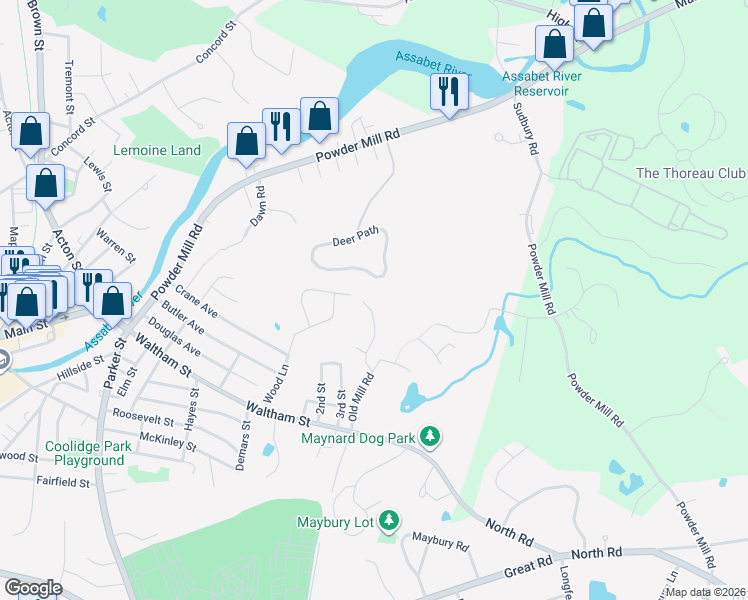 map of restaurants, bars, coffee shops, grocery stores, and more near 15 Deer Path in Maynard