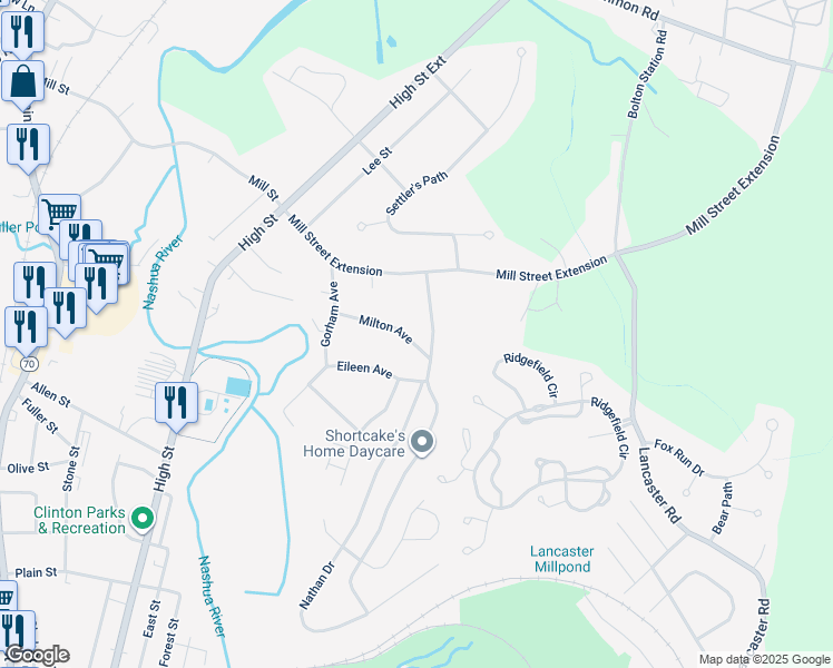 map of restaurants, bars, coffee shops, grocery stores, and more near 3 Woodruff Road in Clinton