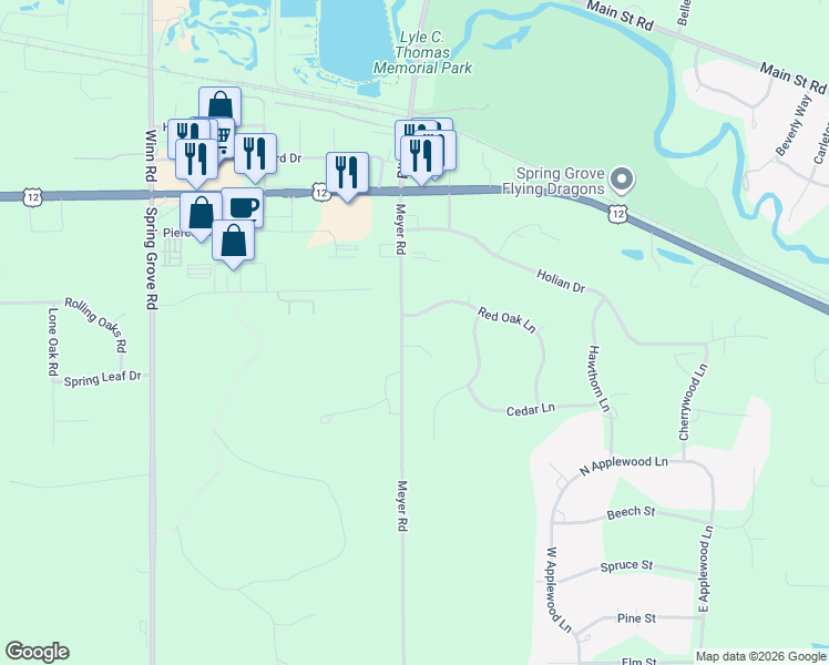 map of restaurants, bars, coffee shops, grocery stores, and more near 2003 Red Oak Lane in Spring Grove
