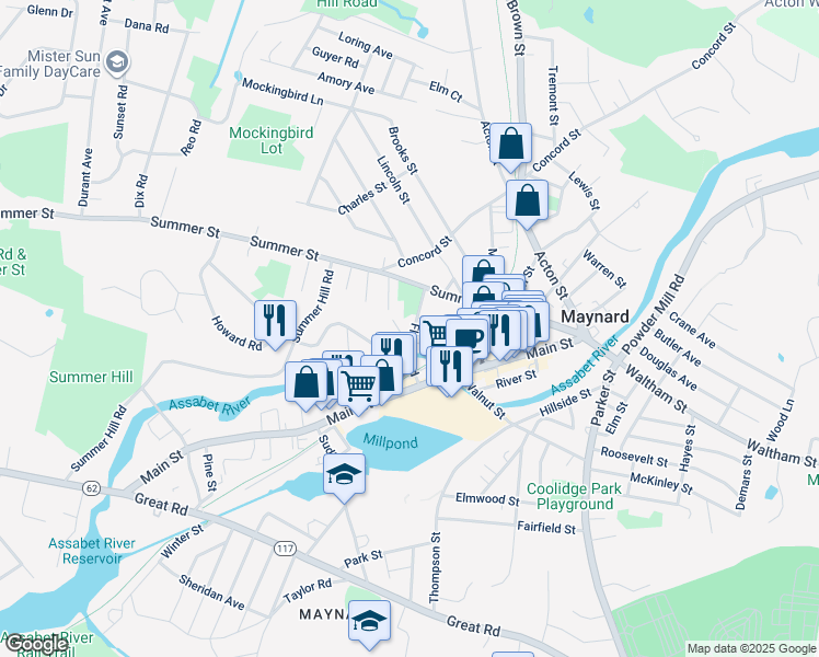 map of restaurants, bars, coffee shops, grocery stores, and more near 10 Lower Beacon Street in Maynard