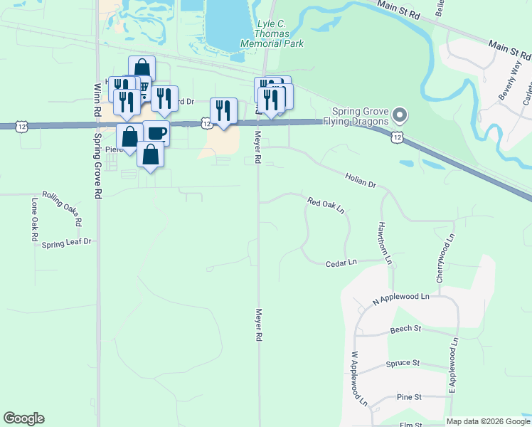 map of restaurants, bars, coffee shops, grocery stores, and more near 2003 Red Oak Lane in Spring Grove