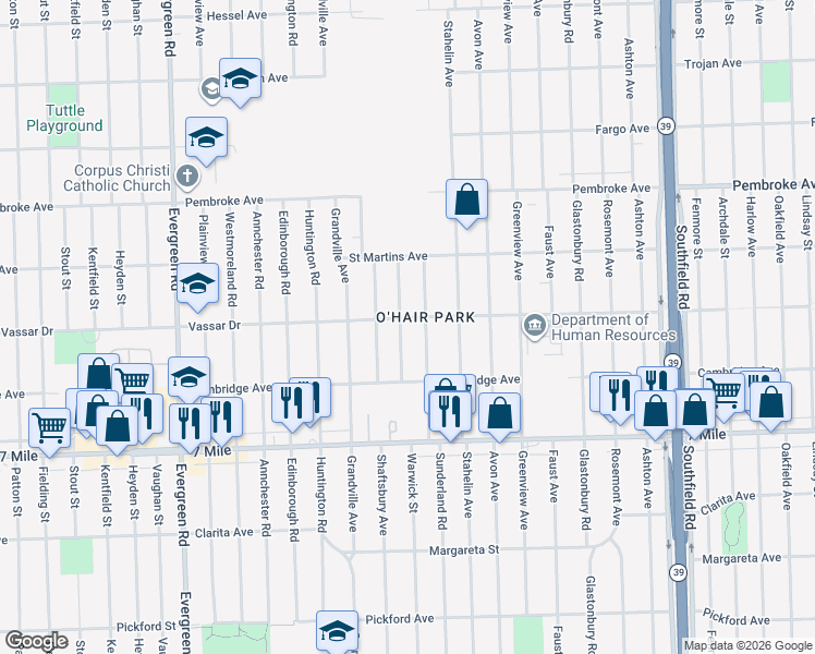 map of restaurants, bars, coffee shops, grocery stores, and more near 19401 Warwick Street in Detroit