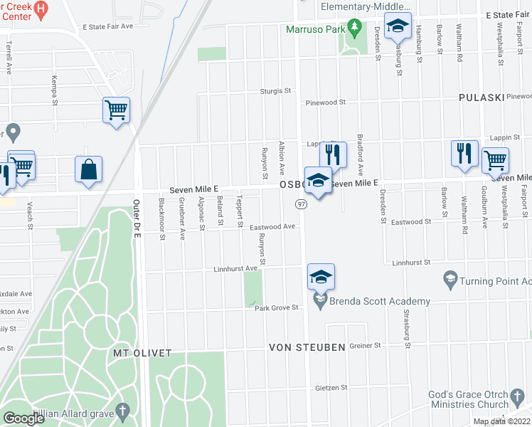 map of restaurants, bars, coffee shops, grocery stores, and more near 18940 Runyon Street in Detroit
