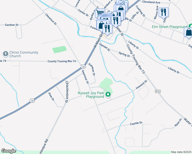 map of restaurants, bars, coffee shops, grocery stores, and more near 54 Summer Street in Fredonia