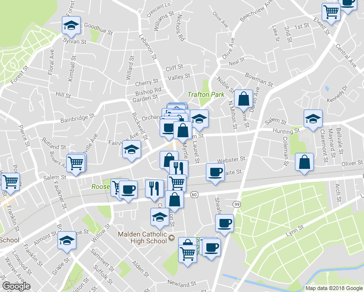map of restaurants, bars, coffee shops, grocery stores, and more near 685 Salem Street in Malden