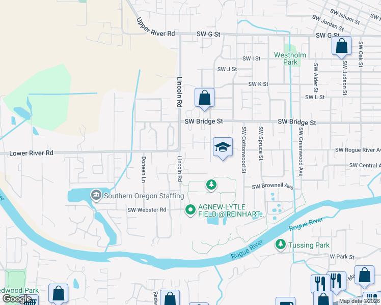 map of restaurants, bars, coffee shops, grocery stores, and more near 1979 Southwest Betty Lane in Grants Pass