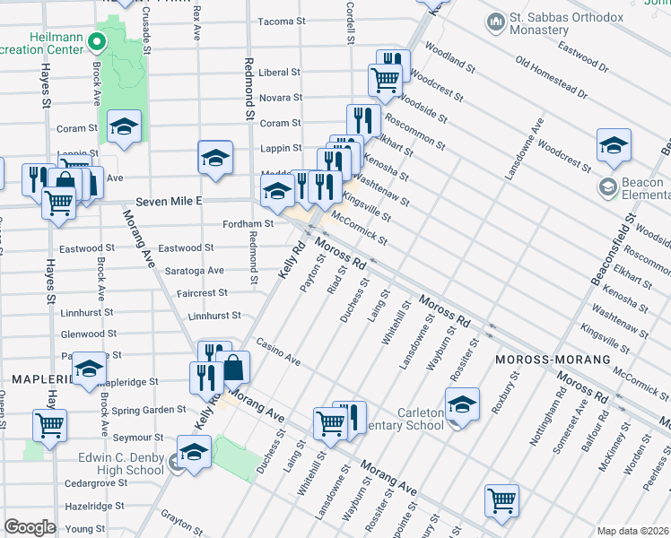 map of restaurants, bars, coffee shops, grocery stores, and more near 18644 Moross Road in Detroit