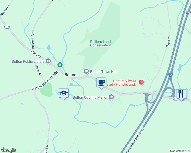 map of restaurants, bars, coffee shops, grocery stores, and more near 649 Main Street in Bolton