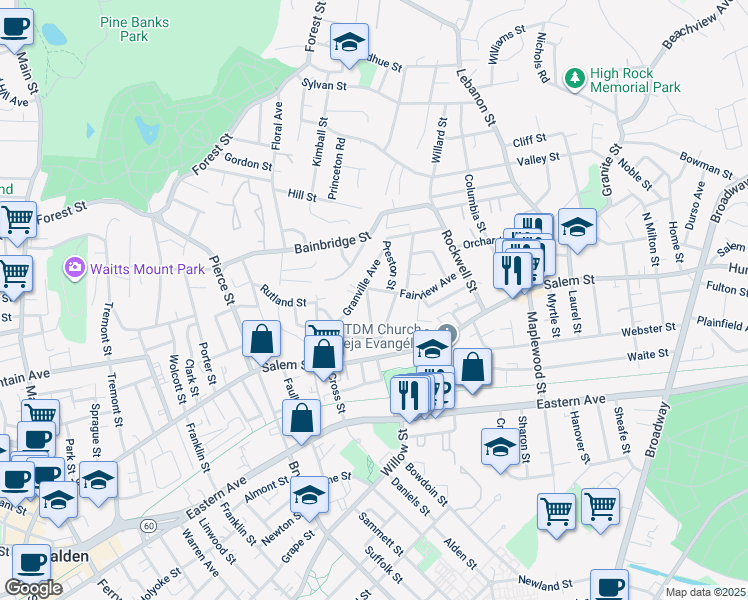 map of restaurants, bars, coffee shops, grocery stores, and more near 76 Granville Avenue in Malden