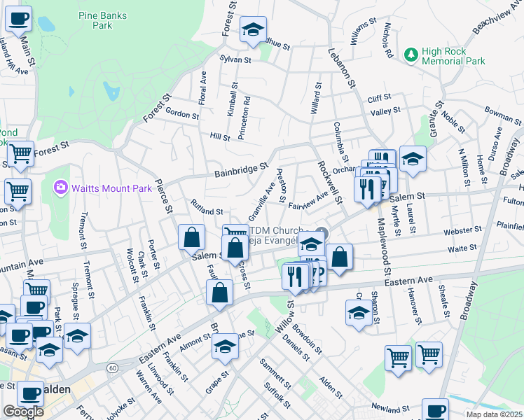 map of restaurants, bars, coffee shops, grocery stores, and more near 76 Granville Avenue in Malden