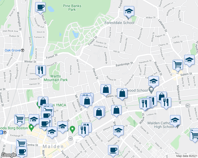 map of restaurants, bars, coffee shops, grocery stores, and more near 75 Plymouth Road in Malden